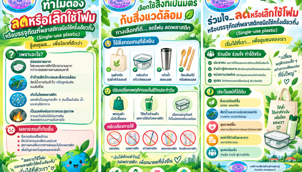 ประชาสัมพันธ์เชิญชวนให้ประชาชนตำบลนาพู่ลดการใช้ถุงพลาสติก ลดการใช้โฟม เลือกใช้ผลิตภัณฑ์ที่เป็นมิตรกับสิ่งแวดล้อม