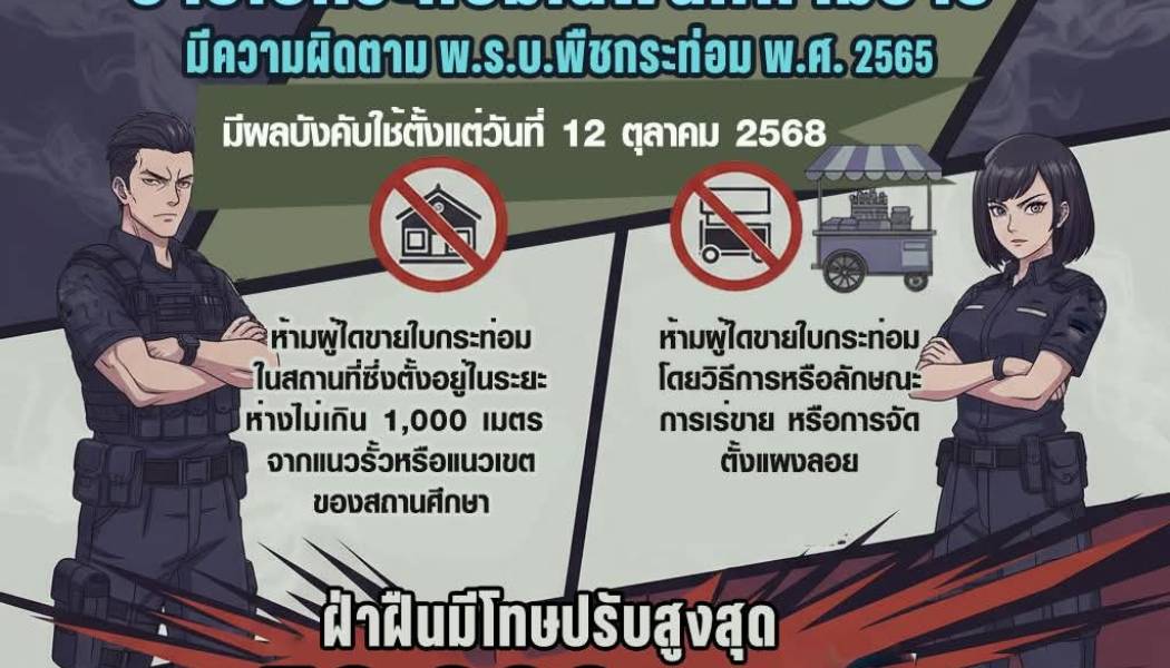 ประกาศประชาสัมพันธ์ ขายกระท่อม ในพื้นที่ห้ามขายมีความผิดตาม พรบ.พืชกระทอม เริ่ม 12 ตุลาคม 2568 นี้